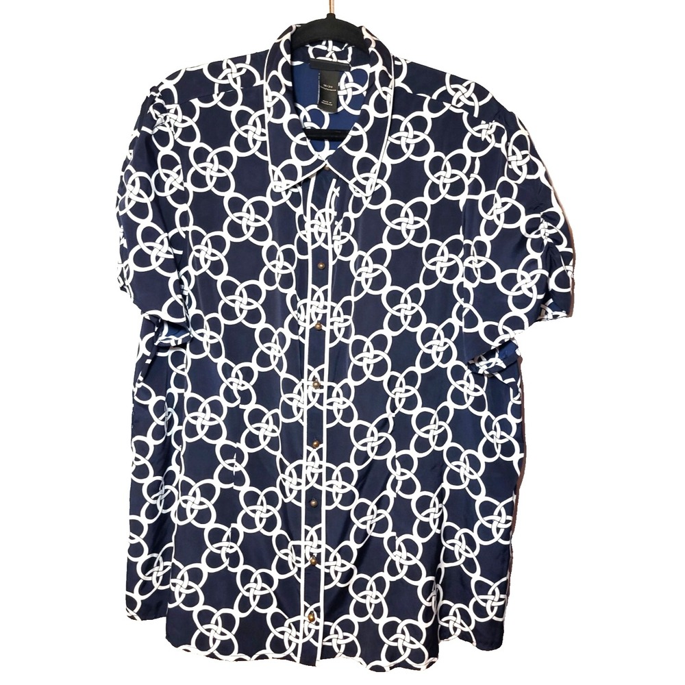 Lane Bryant Blue White Chain‎ Link Button Front Top Ruched Short Sleeves 18/20